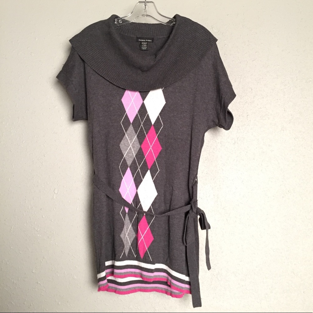 sweater shirt tunic, cowl neck, short sleeve preppy y2k